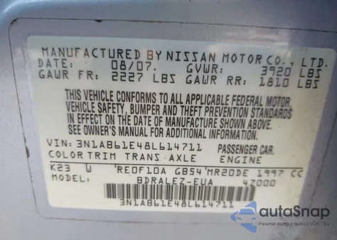 2008 Nissan Sentra 2.0S z USA, uszkodzony, nr VIN 3N1AB61E48L614711